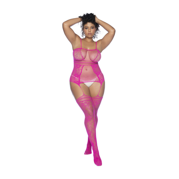Mapalé Roze Bodystocking Met Visnet Halslijnen & Bandjes