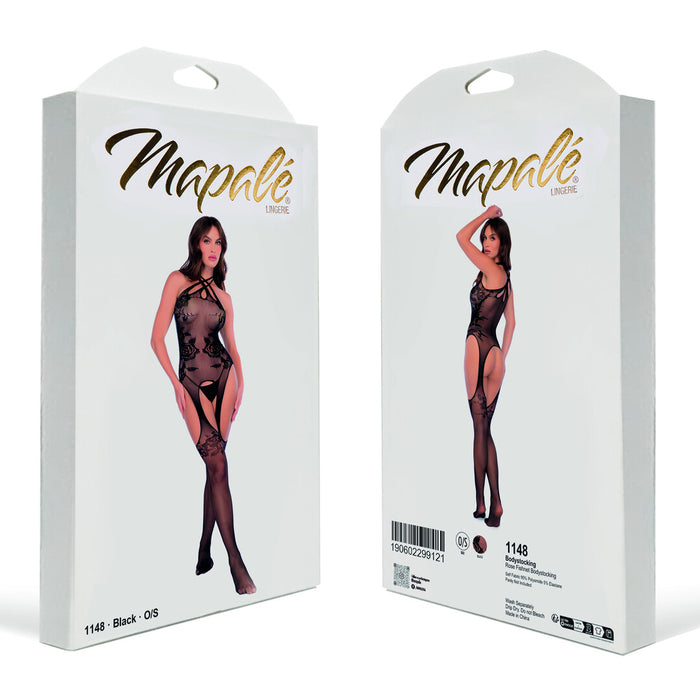 Mapalé Zwarte Visnet Bodystocking Met Rozen