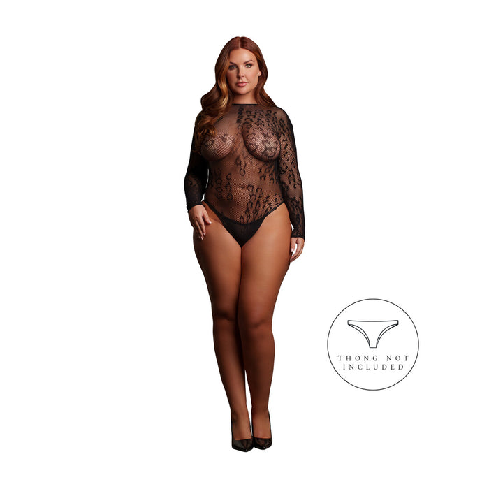 Le Désir Zwarte Leopard Mesh Open Body Met Lange Mouwen